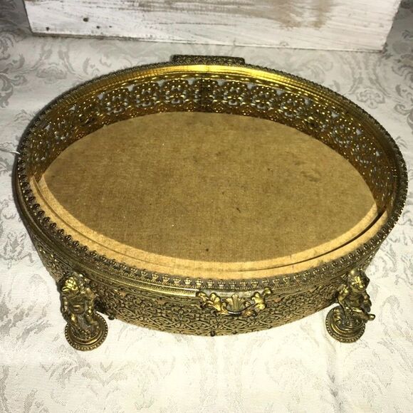 Incredible antique jewelry casket; beveled glass cherub corners gold filigree - Picture 3 of 7